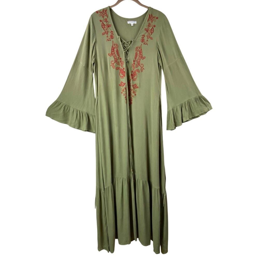 Earthbound Trading Co Boho Maxi Dress Size S Bell Sleeves Embroidered Olive